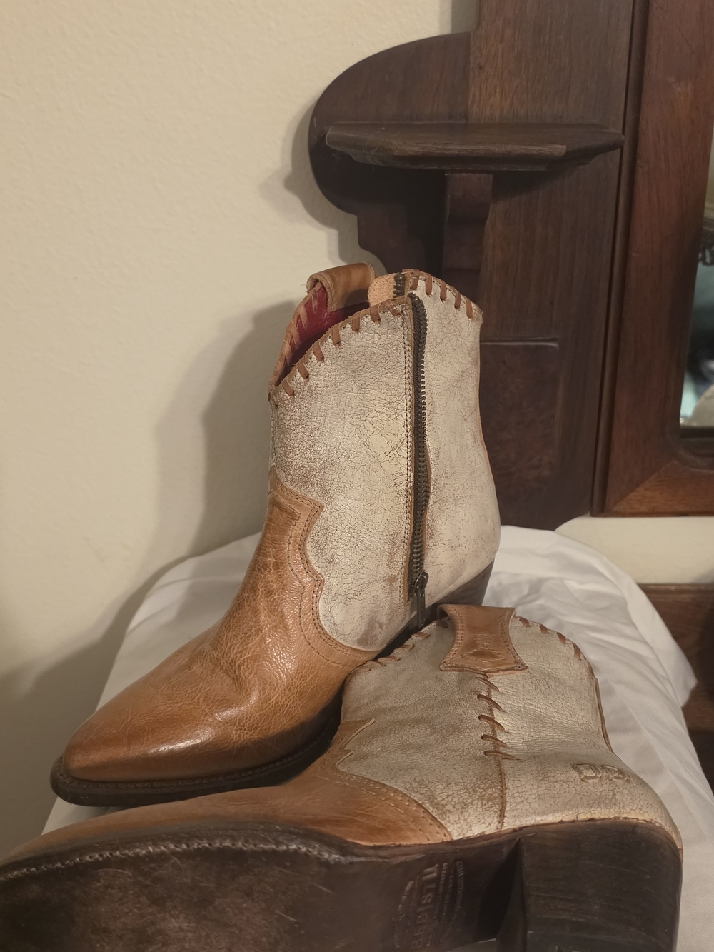 Bed Stu Two-Tone Tan and Cream Western Ankle Booties - Picture 3 of 6